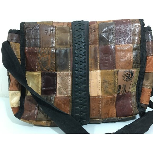 Patricia Nash denim patchwork shoulder bag with studded  RETRO  JEAN LABEL LEATHER PATCHWORK SATCHEL SHOULDER BAG 12\